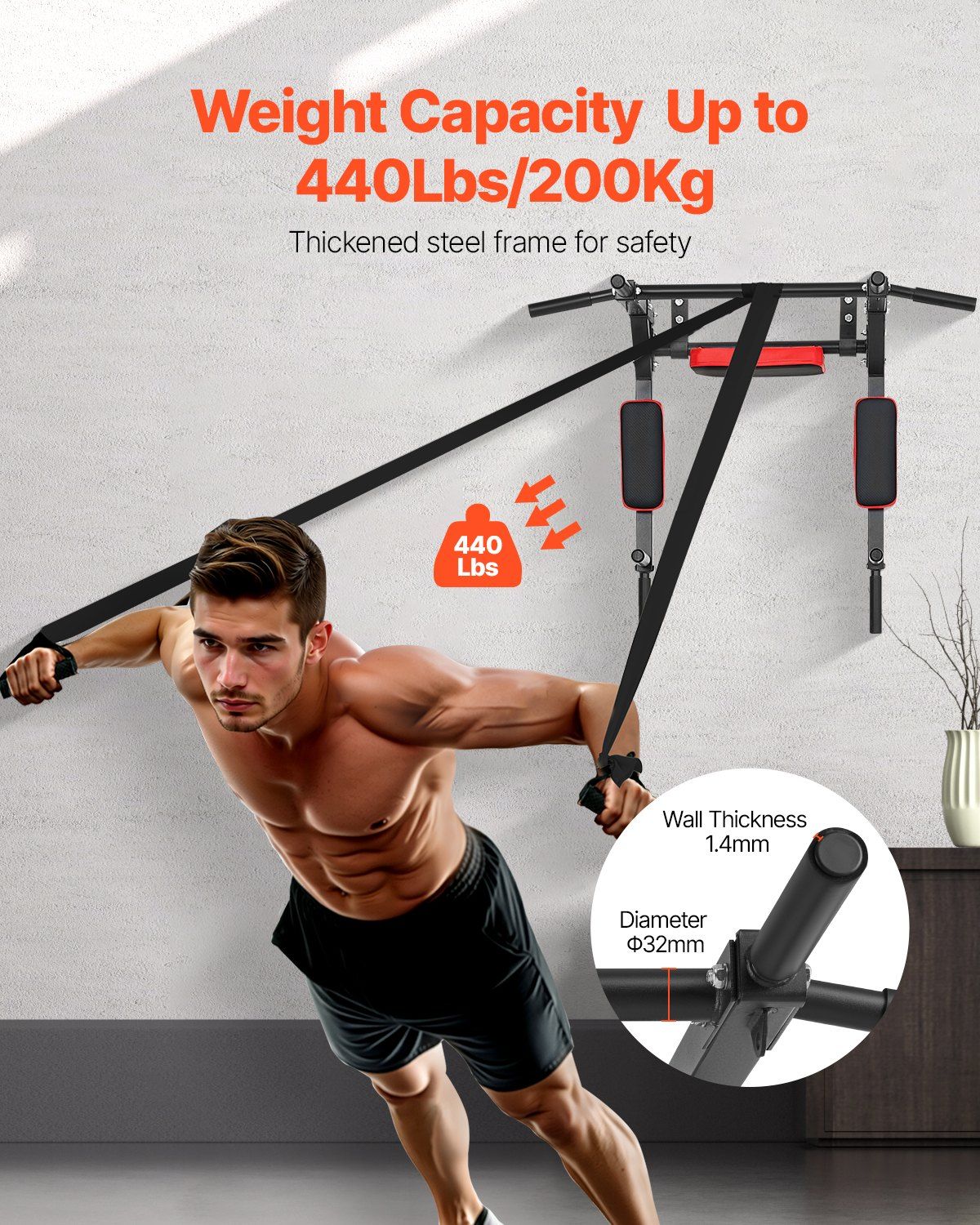 Multifunctional Pull Up Bar, Wall Mounted Chin Up Bar Dip Station for Home Gym, Heavy Duty Steel Upper Body V952-QTYTXSJBGSDG88IUW001V0