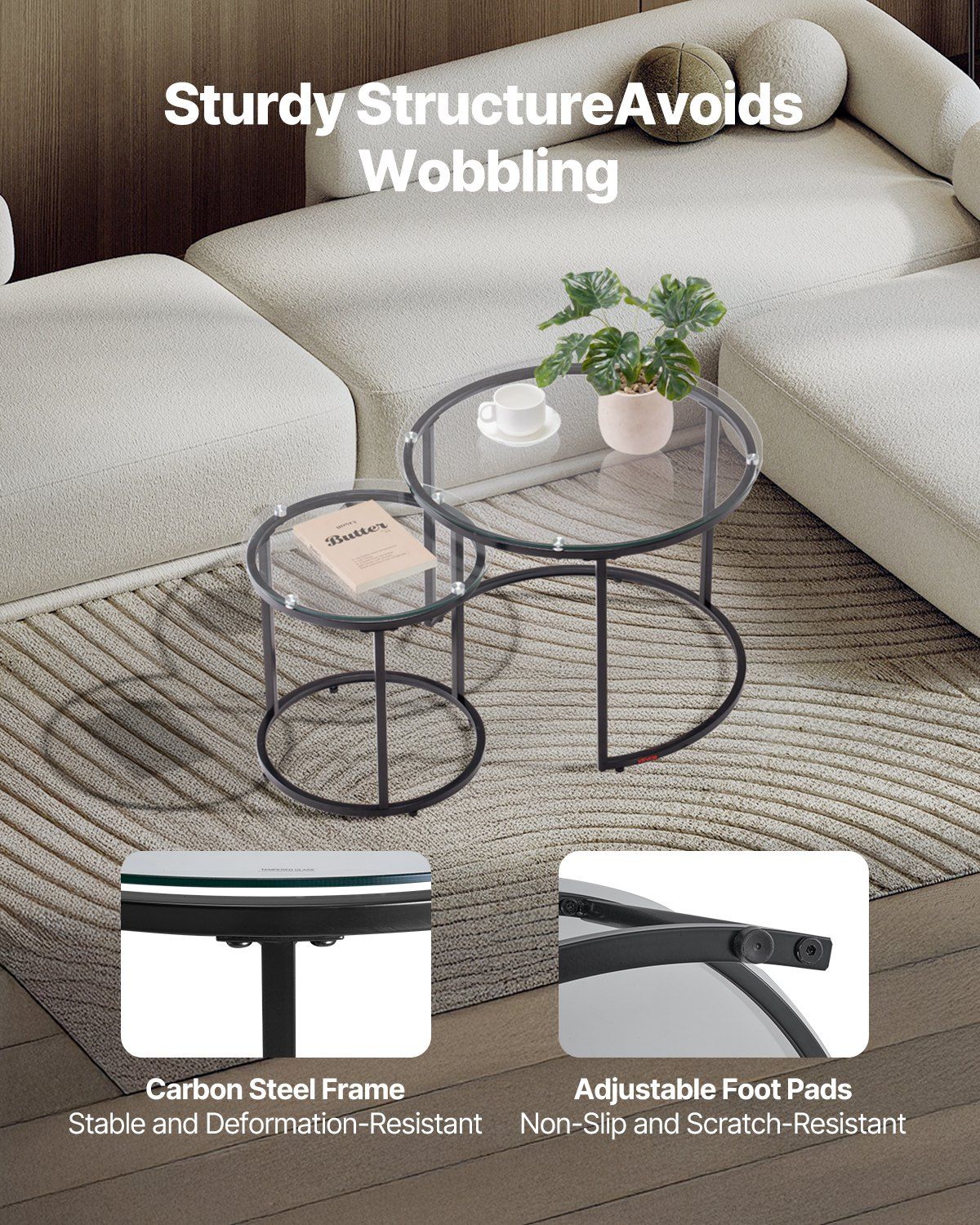 Nesting Coffee Table Set of 2, 600 mm Round Coffee Table, Glass Nesting Tables for Small Place, Modern End V952-QTZTBYXKJTT2PVR8P001V0