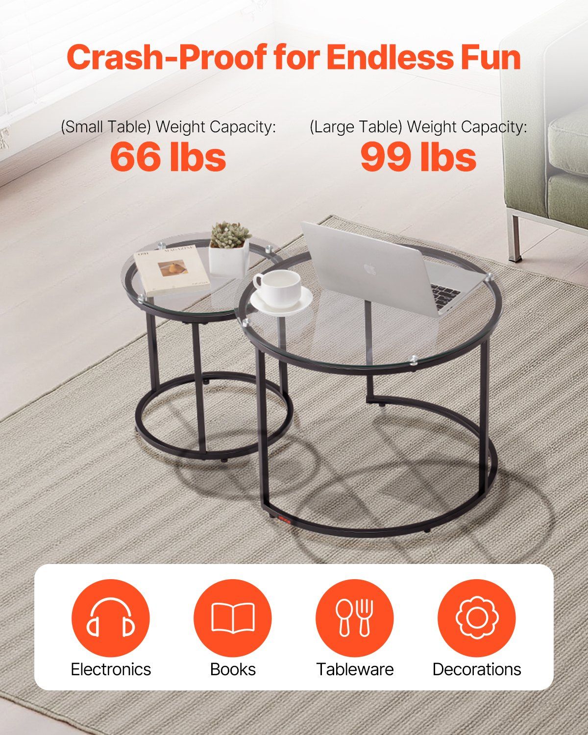 Nesting Coffee Table Set of 2, 600 mm Round Coffee Table, Glass Nesting Tables for Small Place, Modern End V952-QTZTBYXKJTT2PVR8P001V0