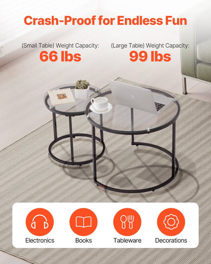 Nesting Coffee Table Set of 2, 600 mm Round Coffee Table, Glass Nesting Tables for Small Place, Modern End V952-QTZTBYXKJTT2PVR8P001V0
