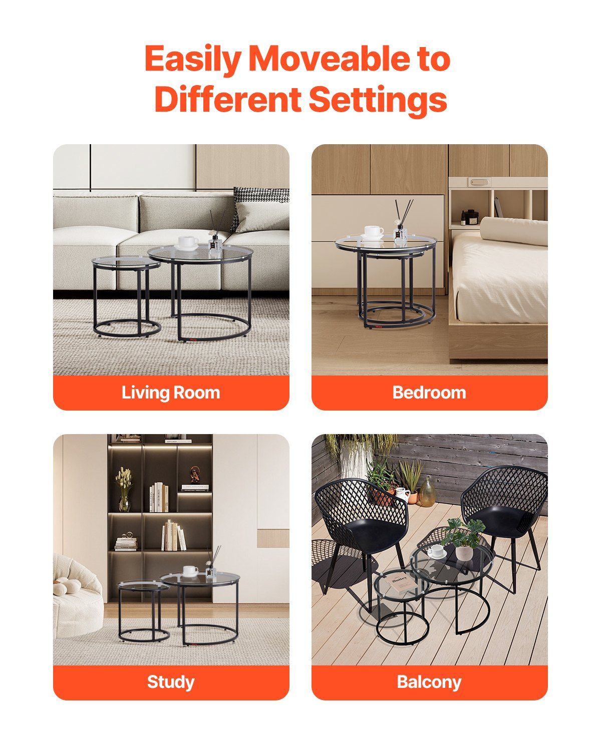 Nesting Coffee Table Set of 2, 600 mm Round Coffee Table, Glass Nesting Tables for Small Place, Modern End V952-QTZTBYXKJTT2PVR8P001V0