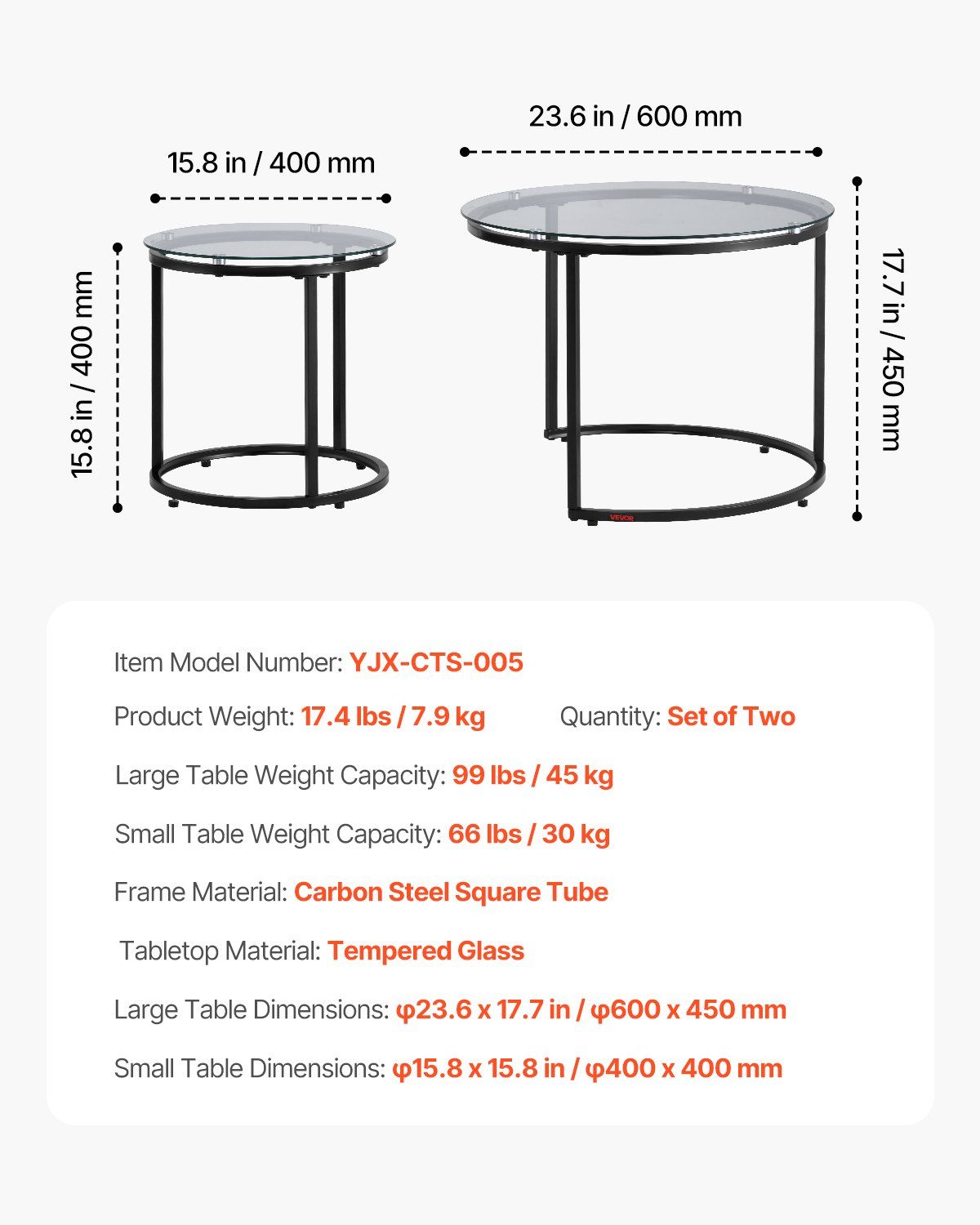 Nesting Coffee Table Set of 2, 600 mm Round Coffee Table, Glass Nesting Tables for Small Place, Modern End V952-QTZTBYXKJTT2PVR8P001V0