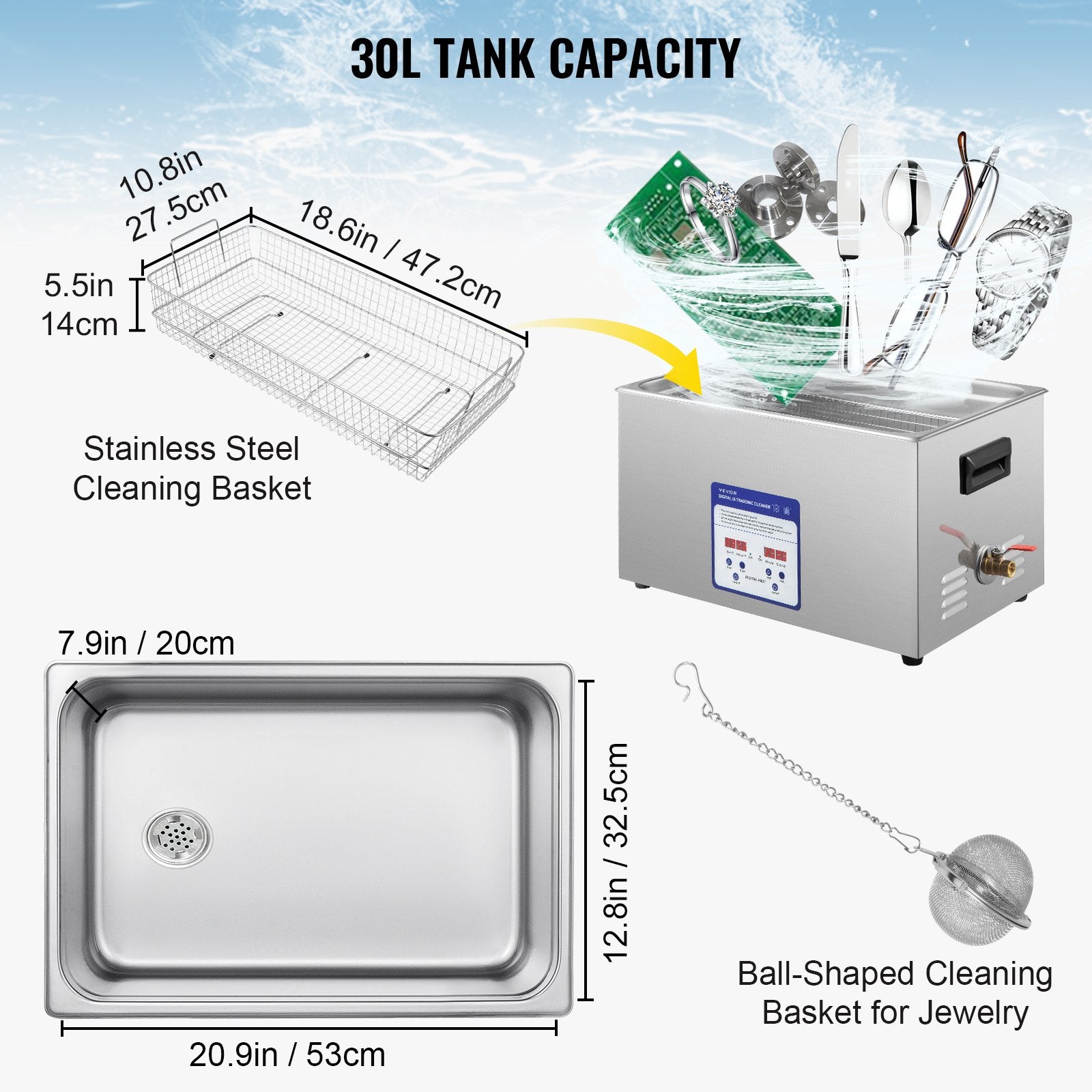 Digital Ultrasonic Cleaner 30L Ultrasonic Cleaning Machine 40kHz Sonic Cleaner Machine 316 & 304 Stainless V952-QX30L316-220VBWIVV3