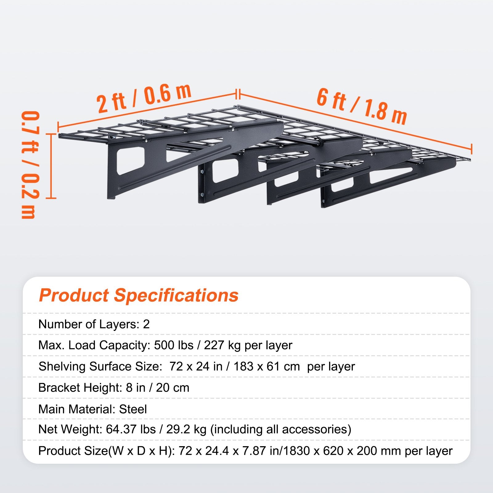 Garage Storage Shelving, 2 Pack, 183 x 61 cm Heavy Duty Garage Shelves Wall Mounted, 454 kg Load V952-QXCKGBDHSSC725OF5V0