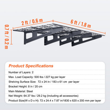 Garage Storage Shelving, 2 Pack, 183 x 61 cm Heavy Duty Garage Shelves Wall Mounted, 454 kg Load V952-QXCKGBDHSSC725OF5V0