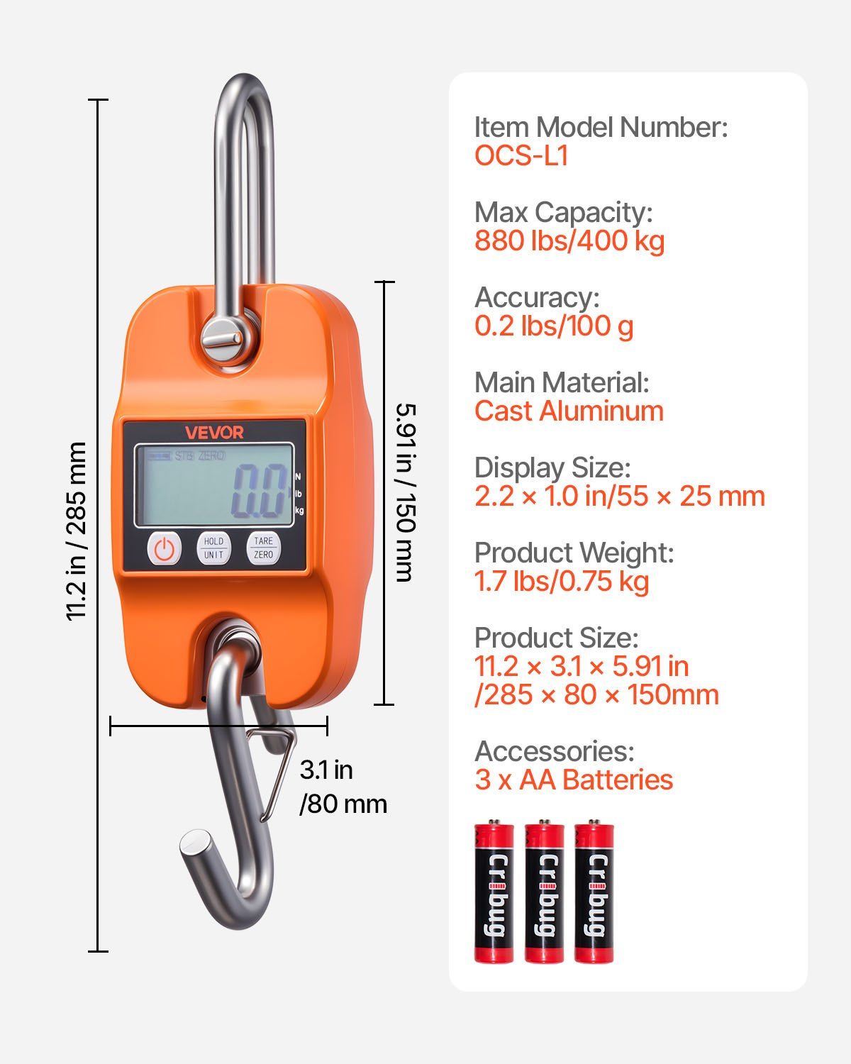 Digital Crane Scale, 880 lbs/400 kg Max Capacity, Handheld Hanging Scale with Cast Aluminum Case & LCD V952-QXDCDZK50GSL39EAN001V9