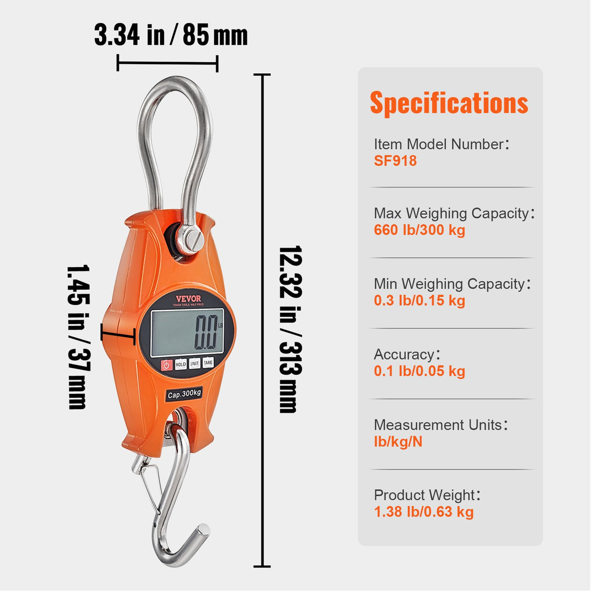Digital Crane Scale, 660 lbs/300 kg, Industrial Heavy Duty Hanging Scale with Cast Aluminum Case & LCD V952-QXDCPTK50GLQF3X0YV9