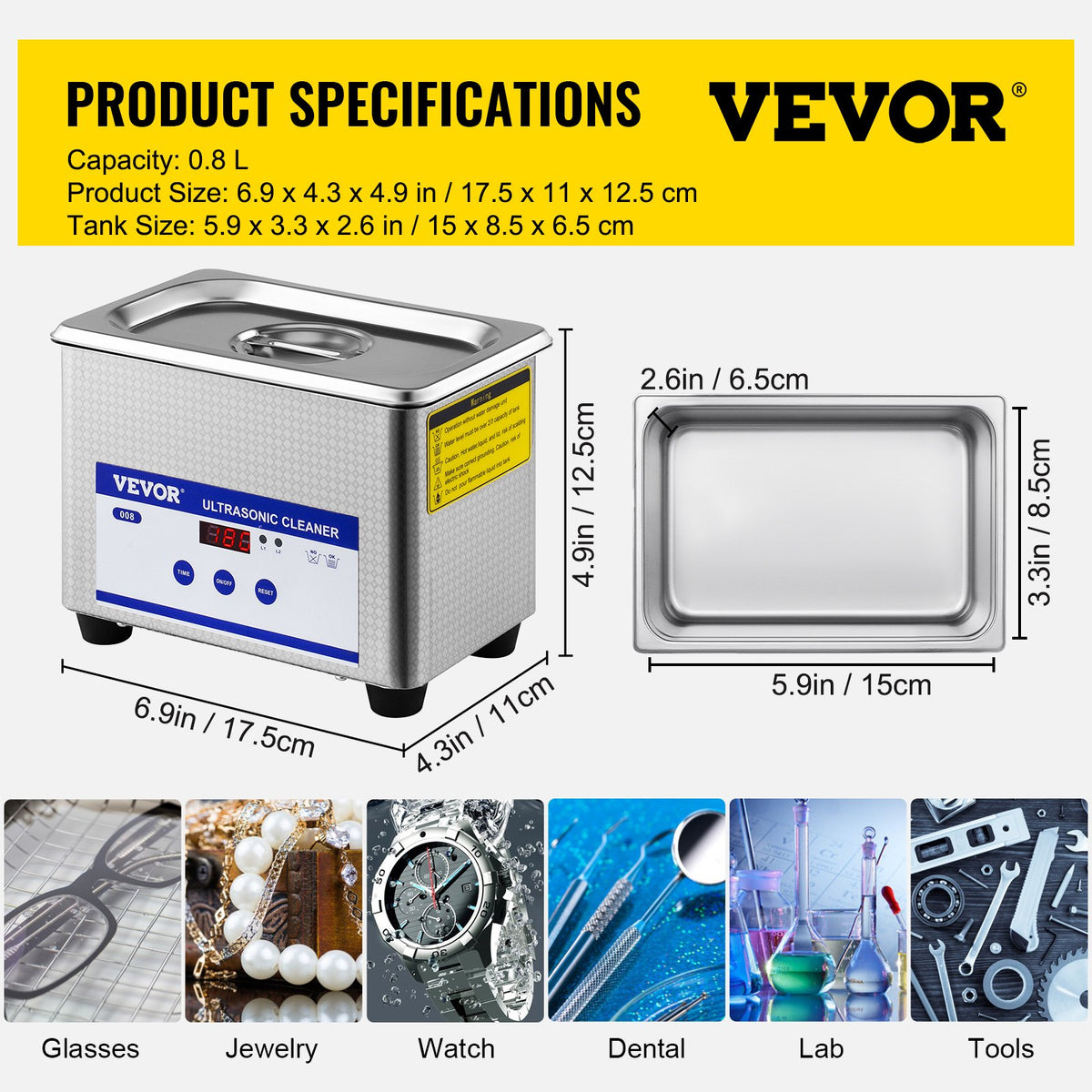 0.8L Professional Ultrasonic Cleaner 304 Stainless Steel Digital Lab Ultrasonic Cleaner with Timer for V952-QXJ0.8LCSB0000001V3