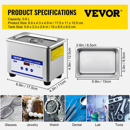 0.8L Professional Ultrasonic Cleaner 304 Stainless Steel Digital Lab Ultrasonic Cleaner with Timer for V952-QXJ0.8LCSB0000001V3