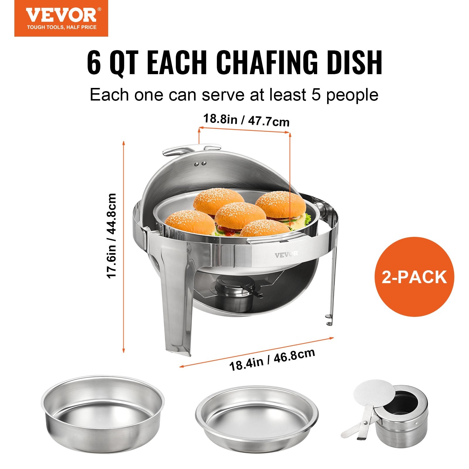 Roll Top Chafing Dish Buffet Set, 5.5L 2 Pack, Stainless Steel Chafer with 2 Full Size Pans, Round Catering V952-QXKCLJTQX26QT6HT8V0