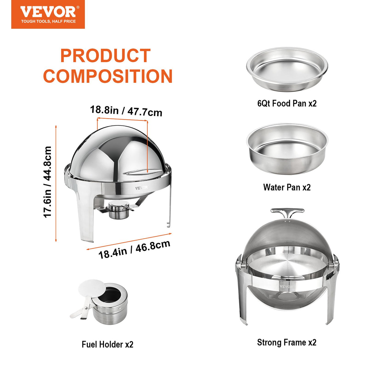 Roll Top Chafing Dish Buffet Set, 5.5L 2 Pack, Stainless Steel Chafer with 2 Full Size Pans, Round Catering V952-QXKCLJTQX26QT6HT8V0