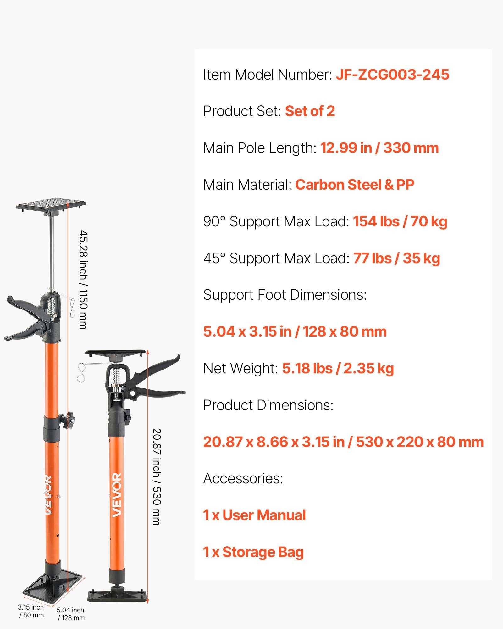 Cabinet Jack Support Pole, 2-Pack, 54-155 cm Steel Telescopic Quick Support Rod, Adjustable 3rd Hand System V952-QXKSCG2PCS19OZBOL001V0