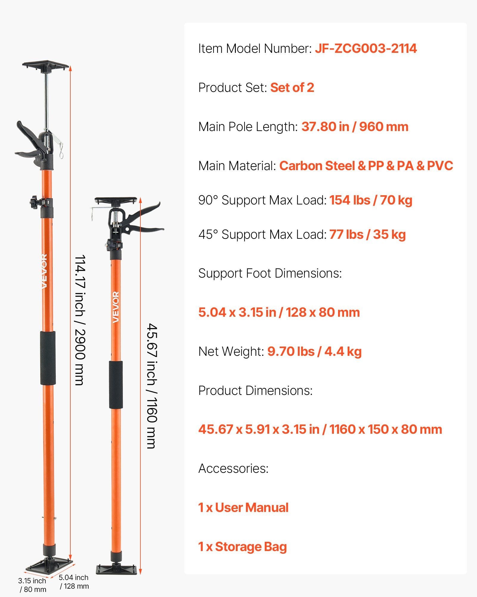 Cabinet Jack Support Pole, 2-Pack, 116-290 cm Steel Telescopic Quick Support Rod, Adjustable 3rd Hand System V952-QXKSCG2PCS45I1VOG001V0