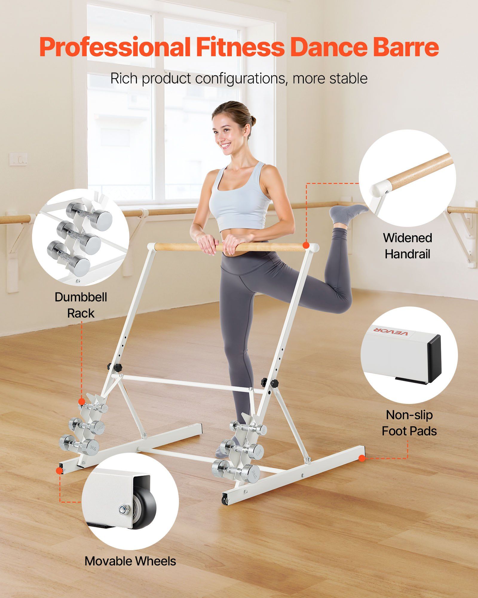 Ballet Barre, Freestanding Portable Barre Bar, Home Fitness Exercise Equipment for Abs, Arms, Strength, and V952-QXLDBLWG1GHG5HME3001V0