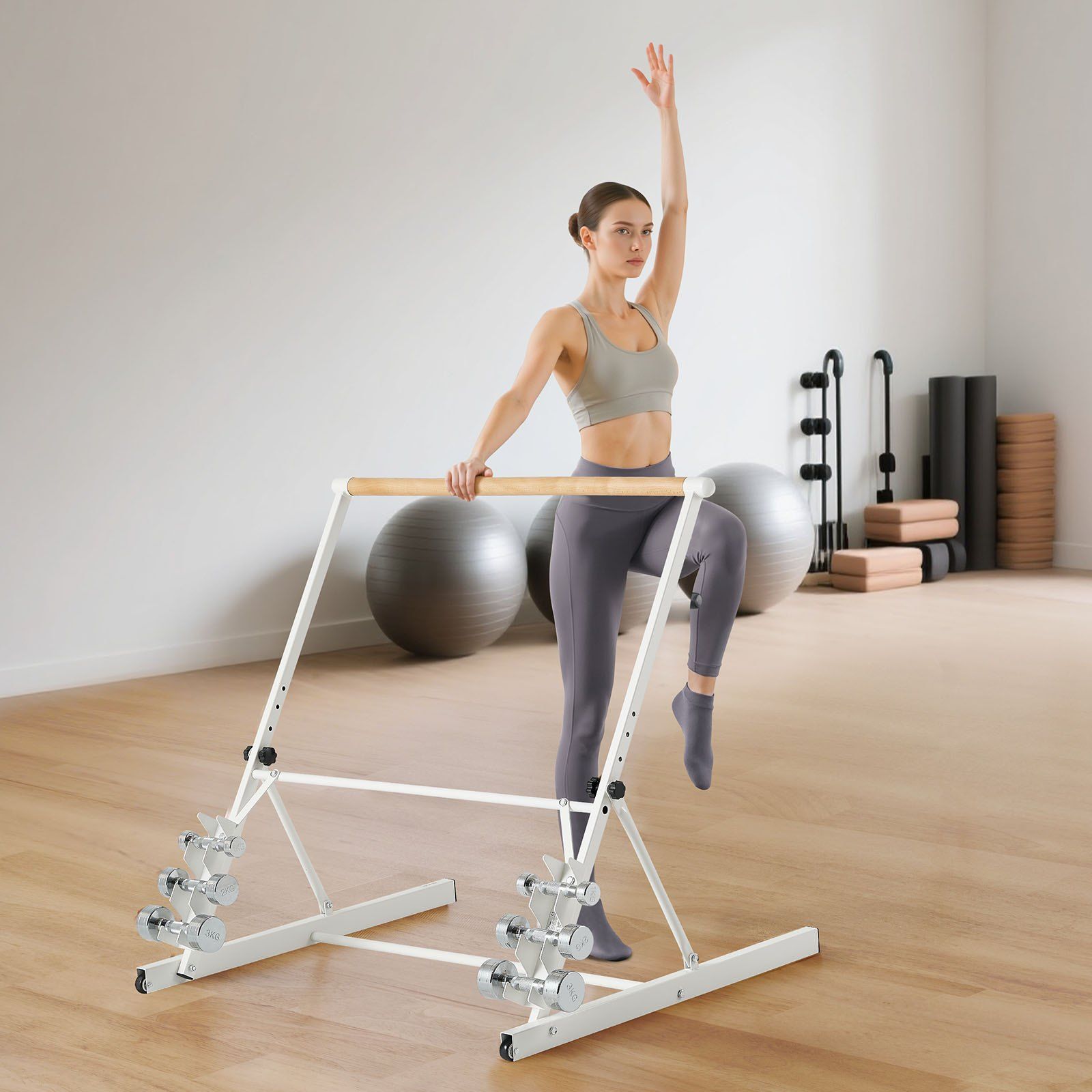 Ballet Barre, Freestanding Portable Barre Bar, Home Fitness Exercise Equipment for Abs, Arms, Strength, and V952-QXLDBLWG1GHG5HME3001V0