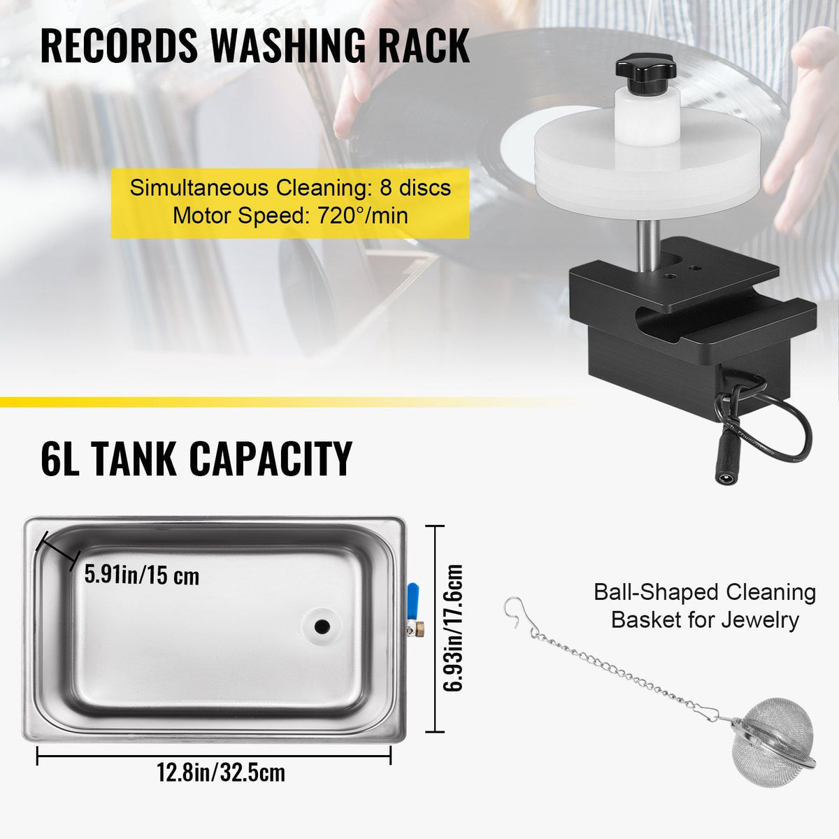 Ultrasonic Vinyl Record Cleaner 6L 40kHz Vinyl Ultrasonic Cleaning Machine Knob Control Record Ultrasonic V952-QXNGDHJ6L220VHT2LV3