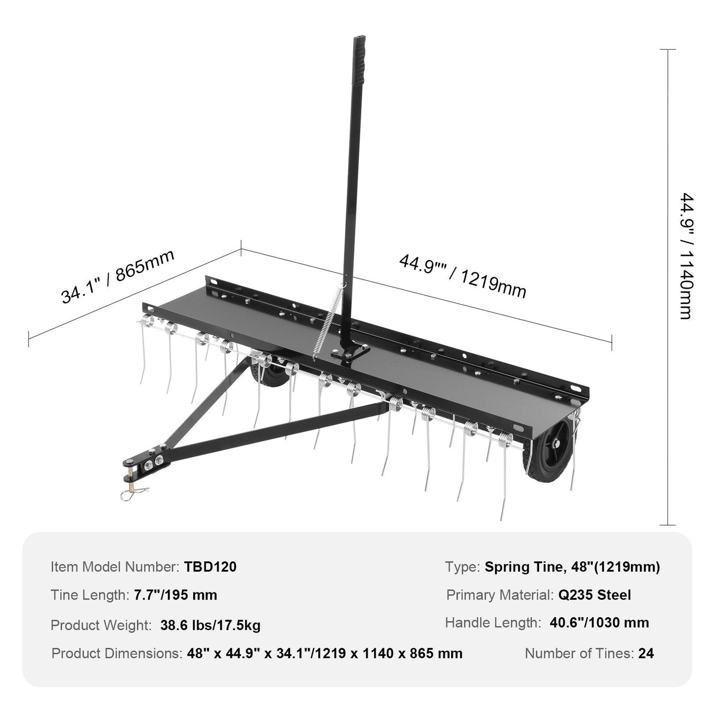 Tow Behind Dethatcher, 1219mm Tow Dethatcher with 24 Spring Steel Tines, Lawn Dethatcher Rake for ATV or V952-QXSCJ48QYGLJ9DV44V0