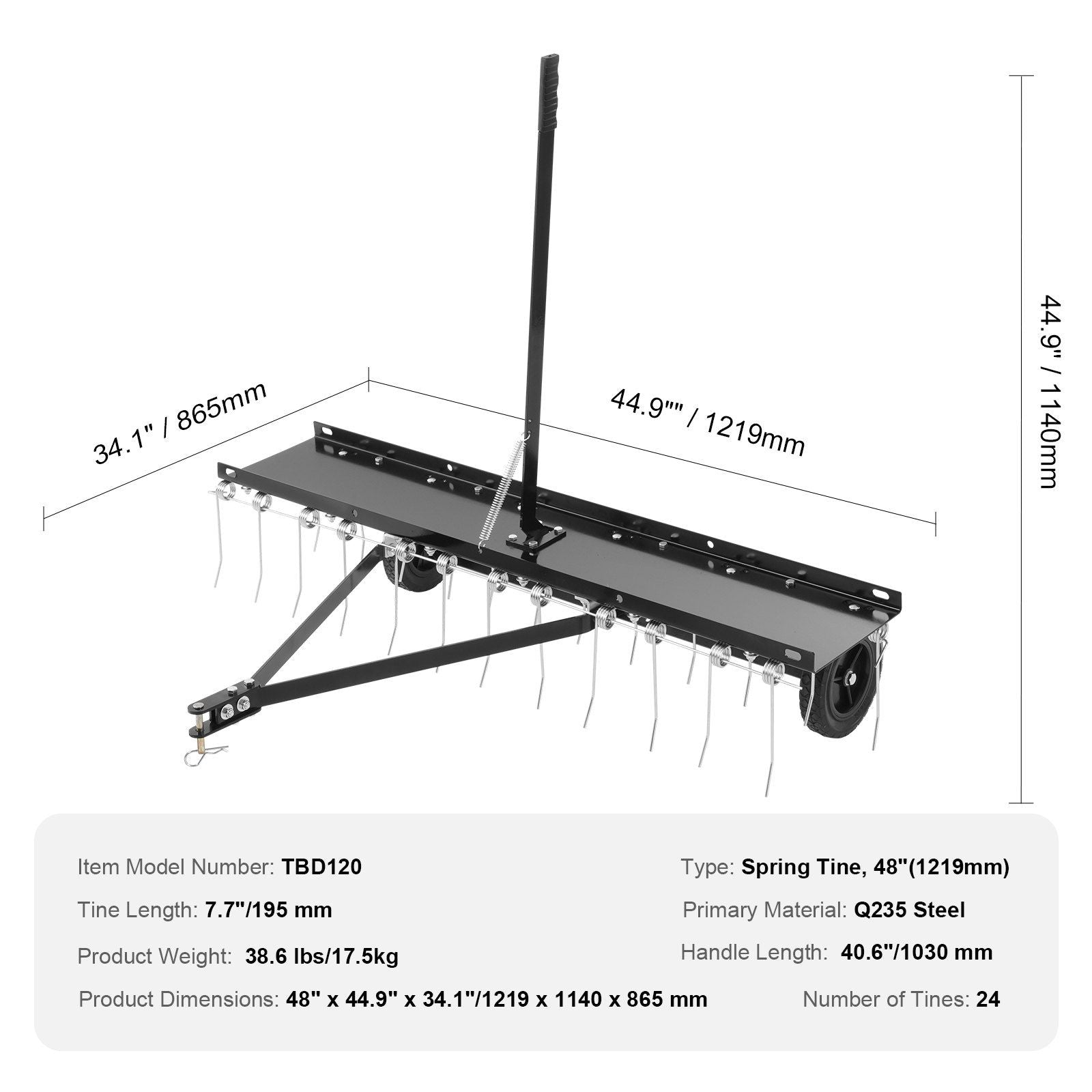 Tow Behind Dethatcher, 1219mm Tow Dethatcher with 24 Spring Steel Tines, Lawn Dethatcher Rake for ATV or V952-QXSCJ48QYGLJ9DV44V0