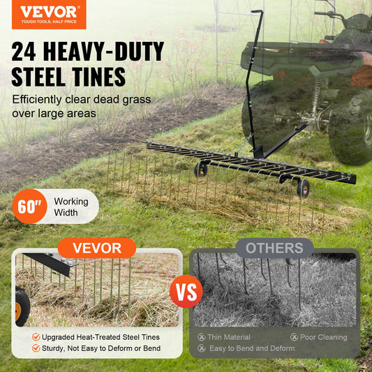 Tow Behind Dethatcher, 1.5m Tow Dethatcher with 24 Steel Tines, Lawn Dethatcher Rake for ATV or Mower, Tow V952-QXSCJ60QYGLJUL9E5V0