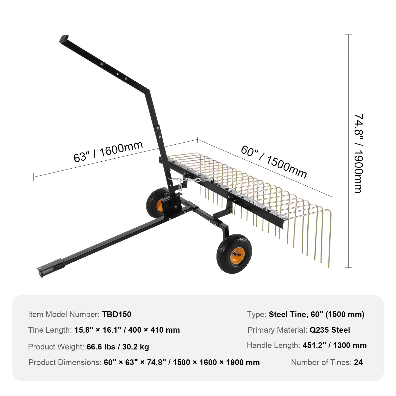 Tow Behind Dethatcher, 1.5m Tow Dethatcher with 24 Steel Tines, Lawn Dethatcher Rake for ATV or Mower, Tow V952-QXSCJ60QYGLJUL9E5V0