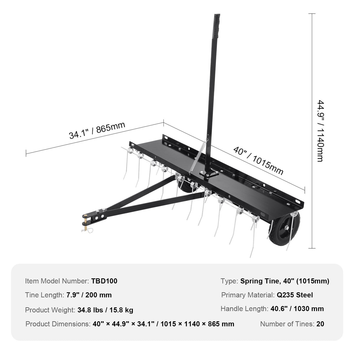 Tow Behind Dethatcher, 1015mm Tow Dethatcher with 20 Spring Steel Tines, Lawn Dethatcher Rake for ATV or V952-QXSCJDHC40QYY2E4BV0