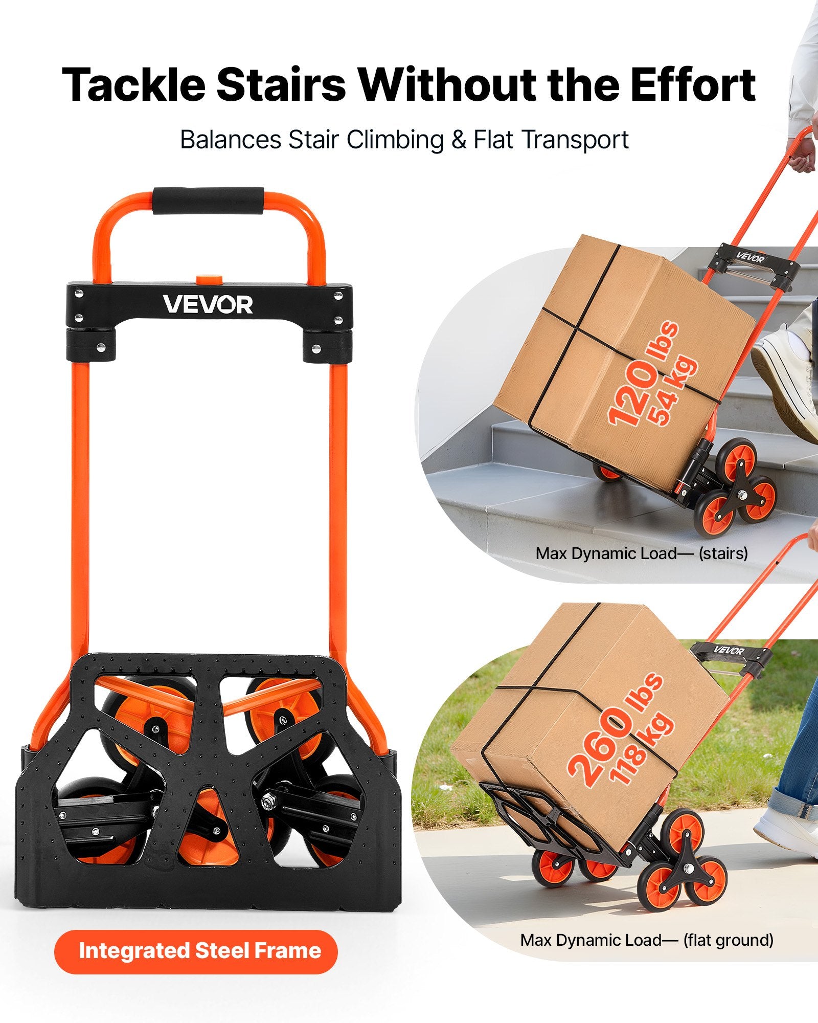 Stair Climbing Cart, 54 kg Stair-Climbing Capacity, Portable Folding Trolley Cart with Telescoping Handle, 6 V952-QXTCSPLCHJG23BKCT001V0