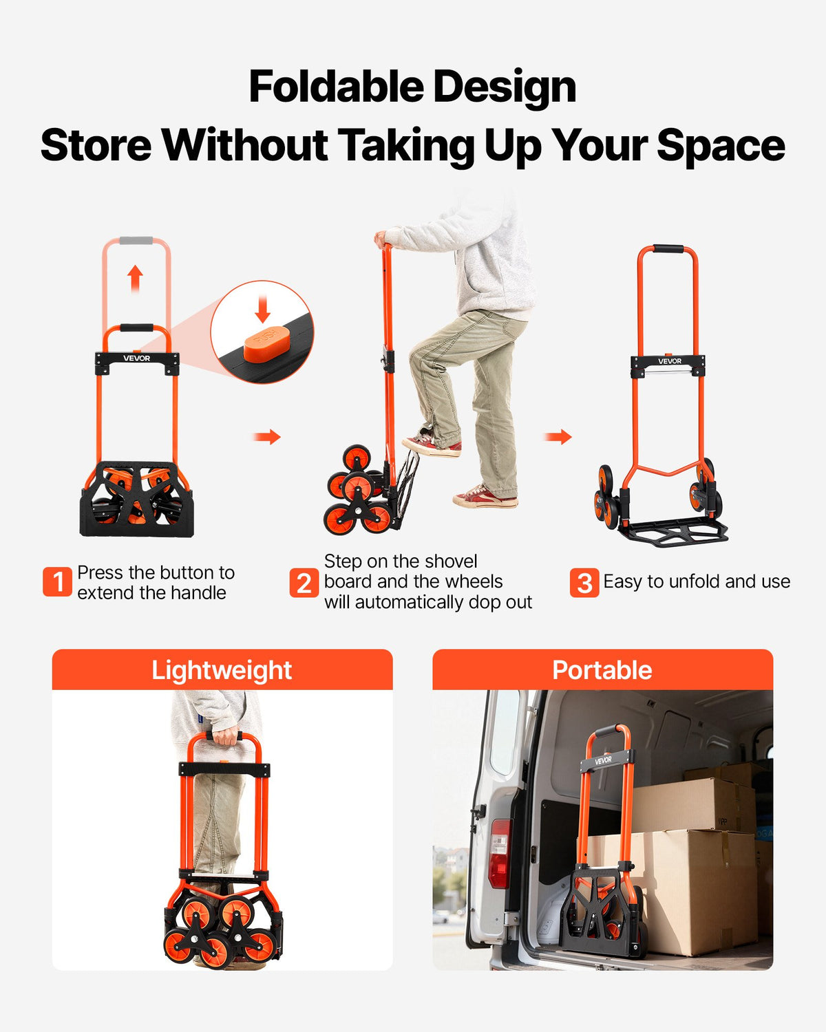 Stair Climbing Cart, 54 kg Stair-Climbing Capacity, Portable Folding Trolley Cart with Telescoping Handle, 6 V952-QXTCSPLCHJG23BKCT001V0
