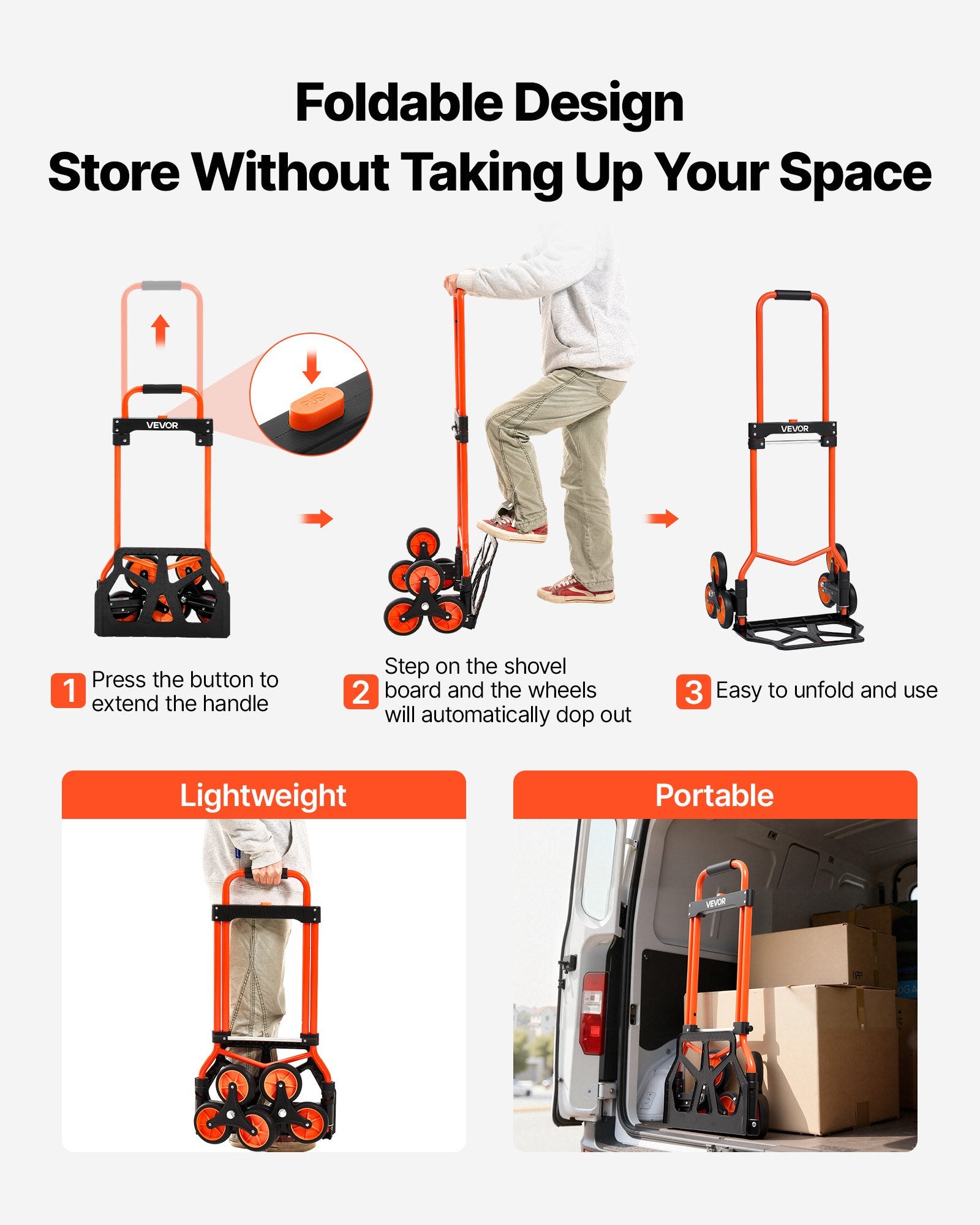 Stair Climbing Cart, 54 kg Stair-Climbing Capacity, Portable Folding Trolley Cart with Telescoping Handle, 6 V952-QXTCSPLCHJG23BKCT001V0