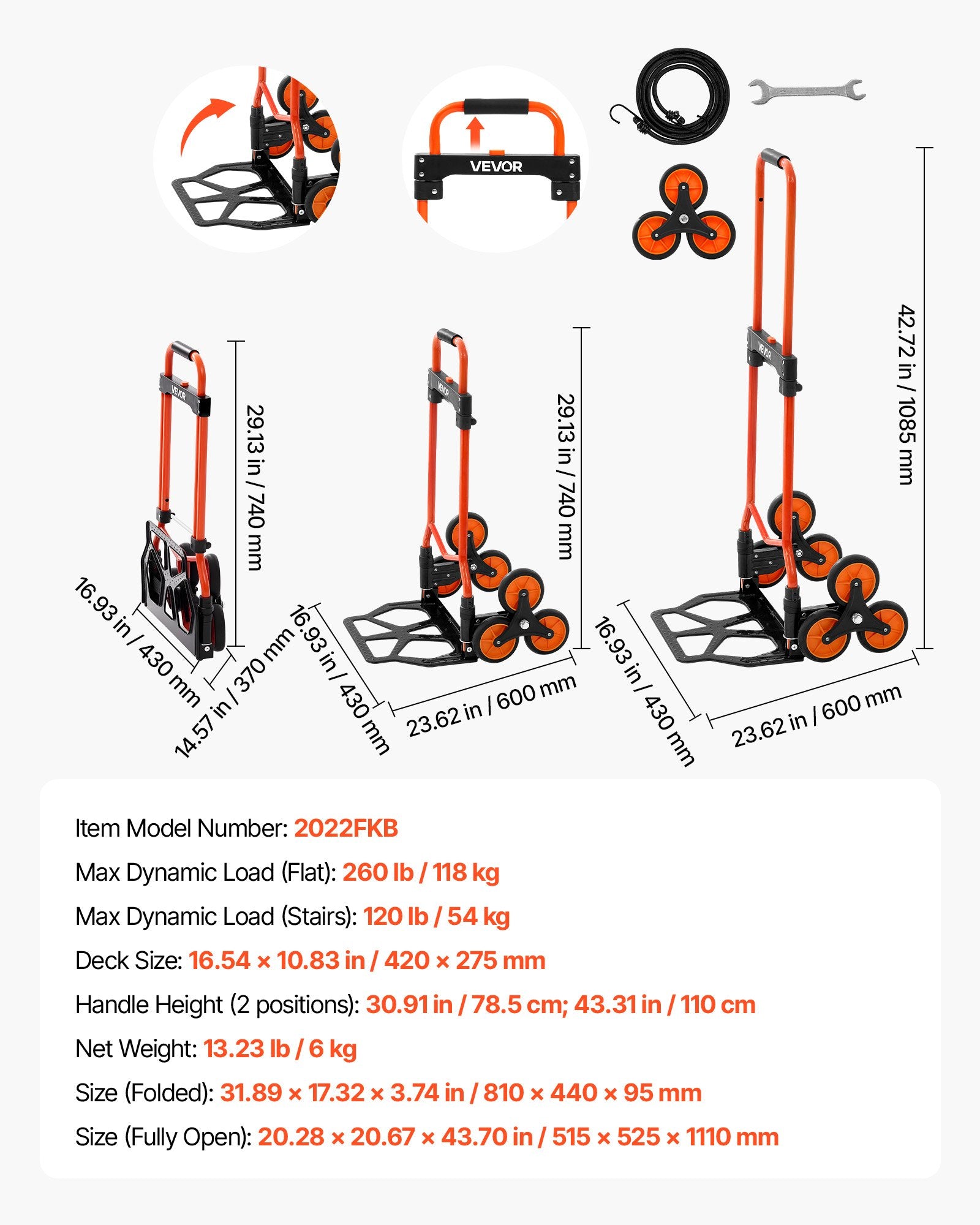 Stair Climbing Cart, 54 kg Stair-Climbing Capacity, Portable Folding Trolley Cart with Telescoping Handle, 6 V952-QXTCSPLCHJG23BKCT001V0