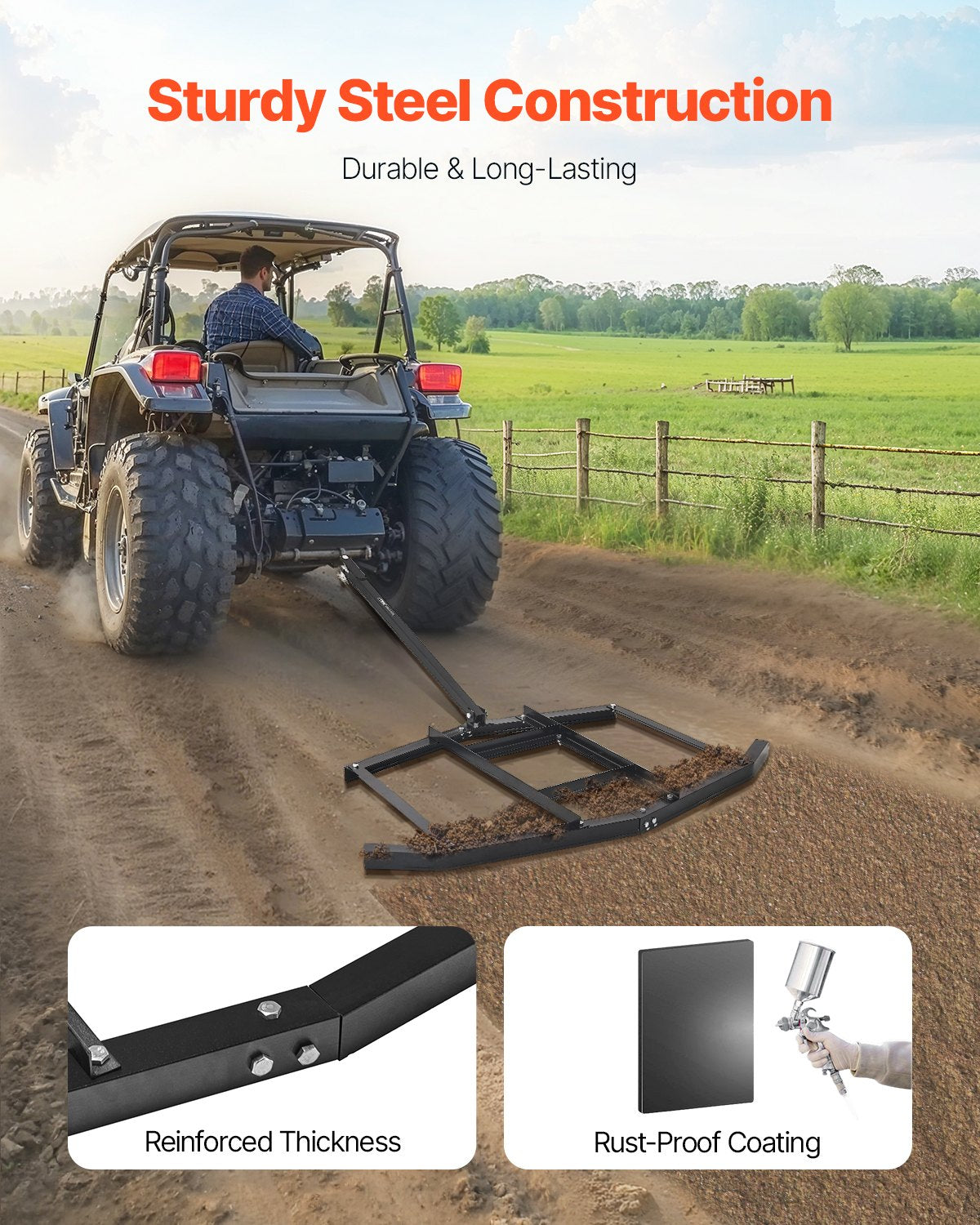 Drag Harrow, 66" Width Tow Behind Drag Harrow, Q235 Steel Driveway Grader with Adjustable Bars & Pin Hitch, V952-QYP66INCHESQIYRIOV0