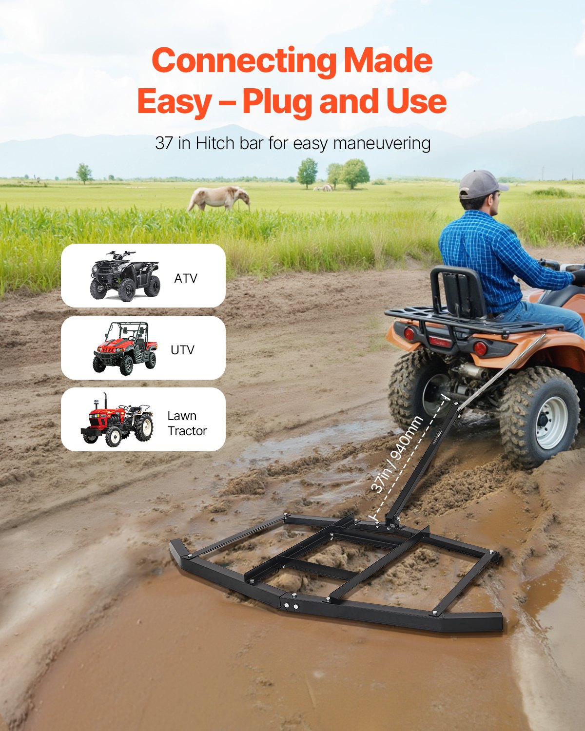 Drag Harrow, 66" Width Tow Behind Drag Harrow, Q235 Steel Driveway Grader with Adjustable Bars & Pin Hitch, V952-QYP66INCHESQIYRIOV0