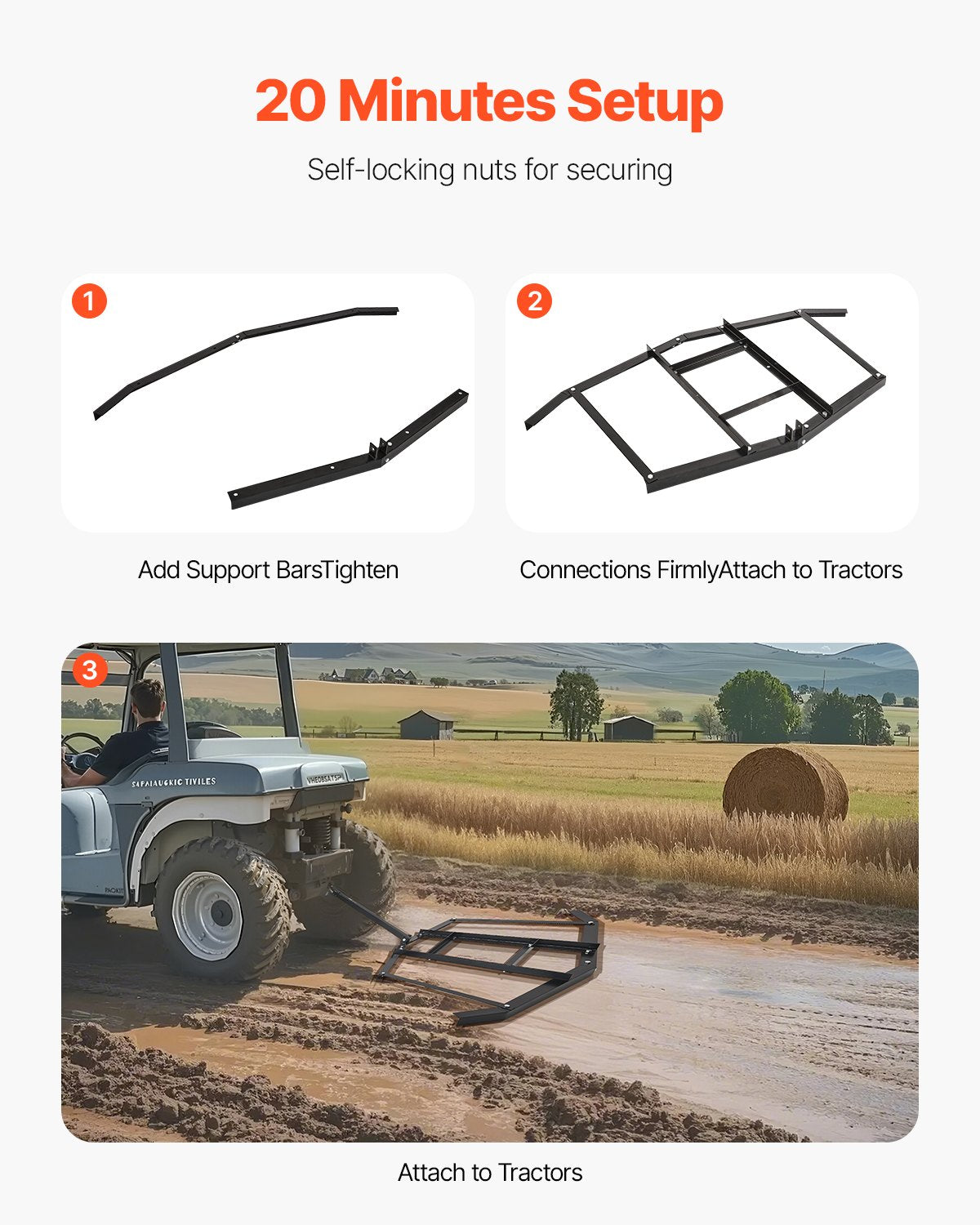 Drag Harrow, 66" Width Tow Behind Drag Harrow, Q235 Steel Driveway Grader with Adjustable Bars & Pin Hitch, V952-QYP66INCHESQIYRIOV0