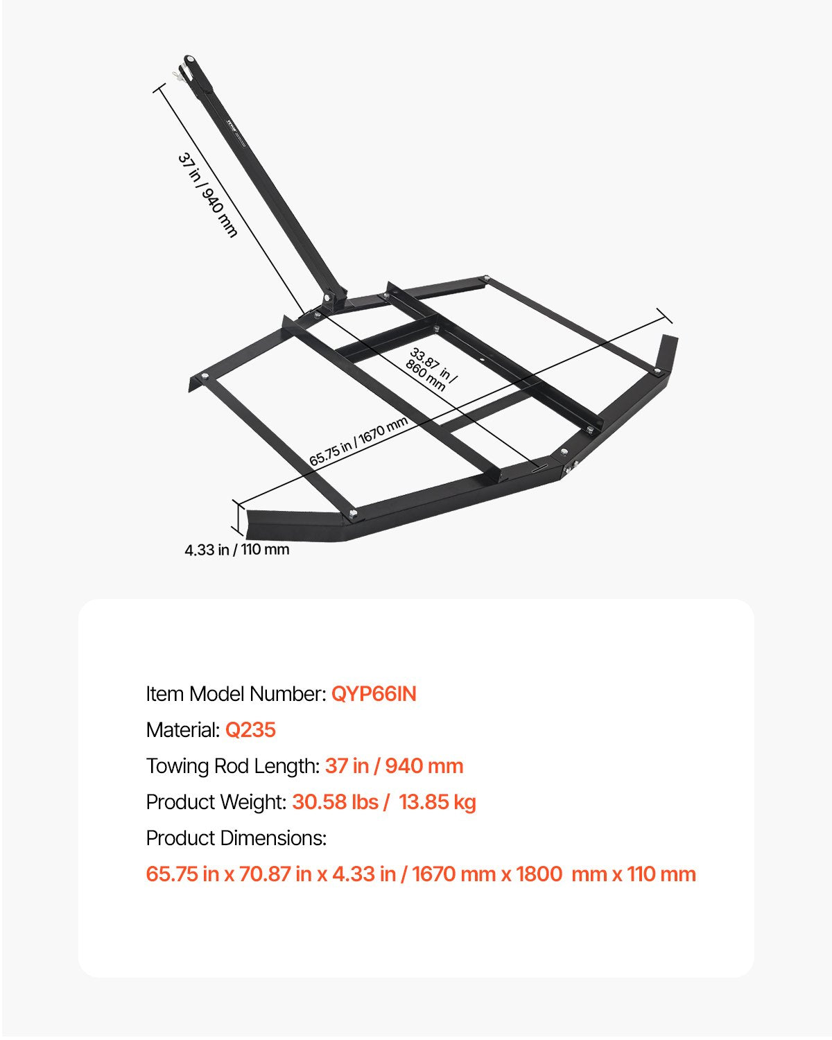 Drag Harrow, 66" Width Tow Behind Drag Harrow, Q235 Steel Driveway Grader with Adjustable Bars & Pin Hitch, V952-QYP66INCHESQIYRIOV0