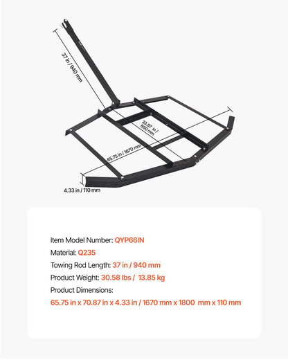 Drag Harrow, 66" Width Tow Behind Drag Harrow, Q235 Steel Driveway Grader with Adjustable Bars & Pin Hitch, V952-QYP66INCHESQIYRIOV0