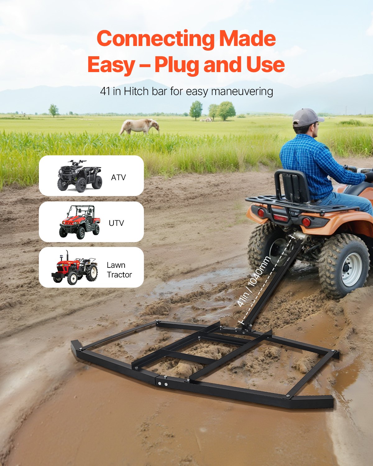 Drag Harrow, 74" Width Tow Behind Drag Harrow, Q235 Steel Driveway Grader with Adjustable Bars & Pin Hitch, V952-QYP74INCHESQZ4JIFV0