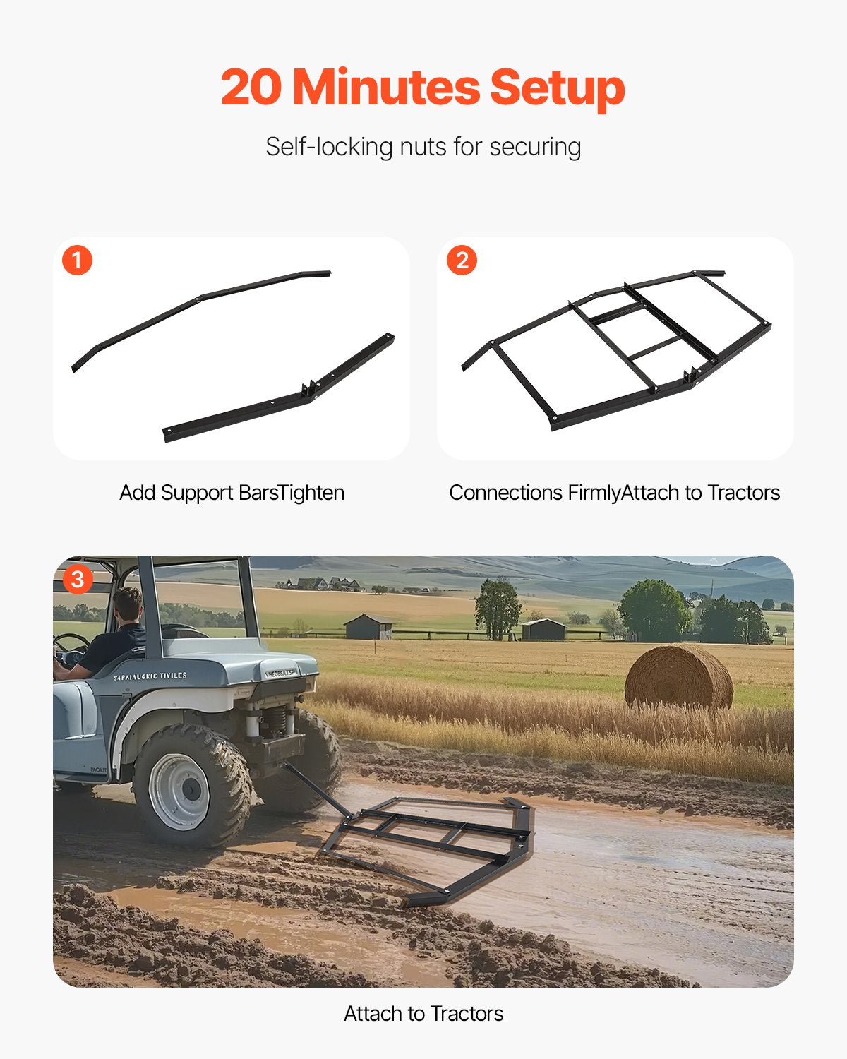 Drag Harrow, 74" Width Tow Behind Drag Harrow, Q235 Steel Driveway Grader with Adjustable Bars & Pin Hitch, V952-QYP74INCHESQZ4JIFV0
