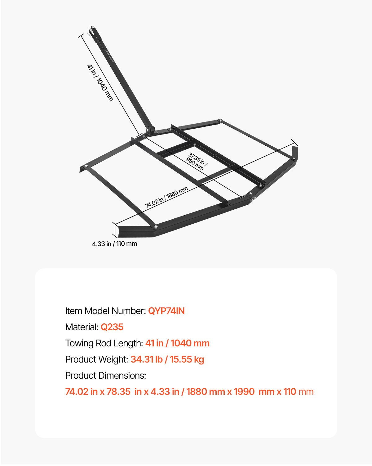 Drag Harrow, 74" Width Tow Behind Drag Harrow, Q235 Steel Driveway Grader with Adjustable Bars & Pin Hitch, V952-QYP74INCHESQZ4JIFV0