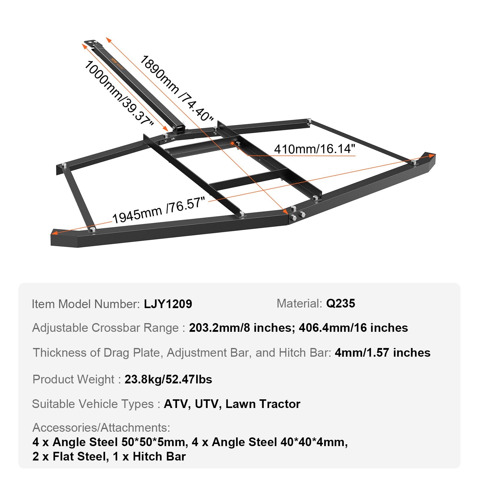 Driveway Drag, 76.57" Width Tow Behind Drag Harrow, Q235 Steel Driveway Grader with Adjustable Bars, Support V952-QYPQYP74INCH4BO1ZV0