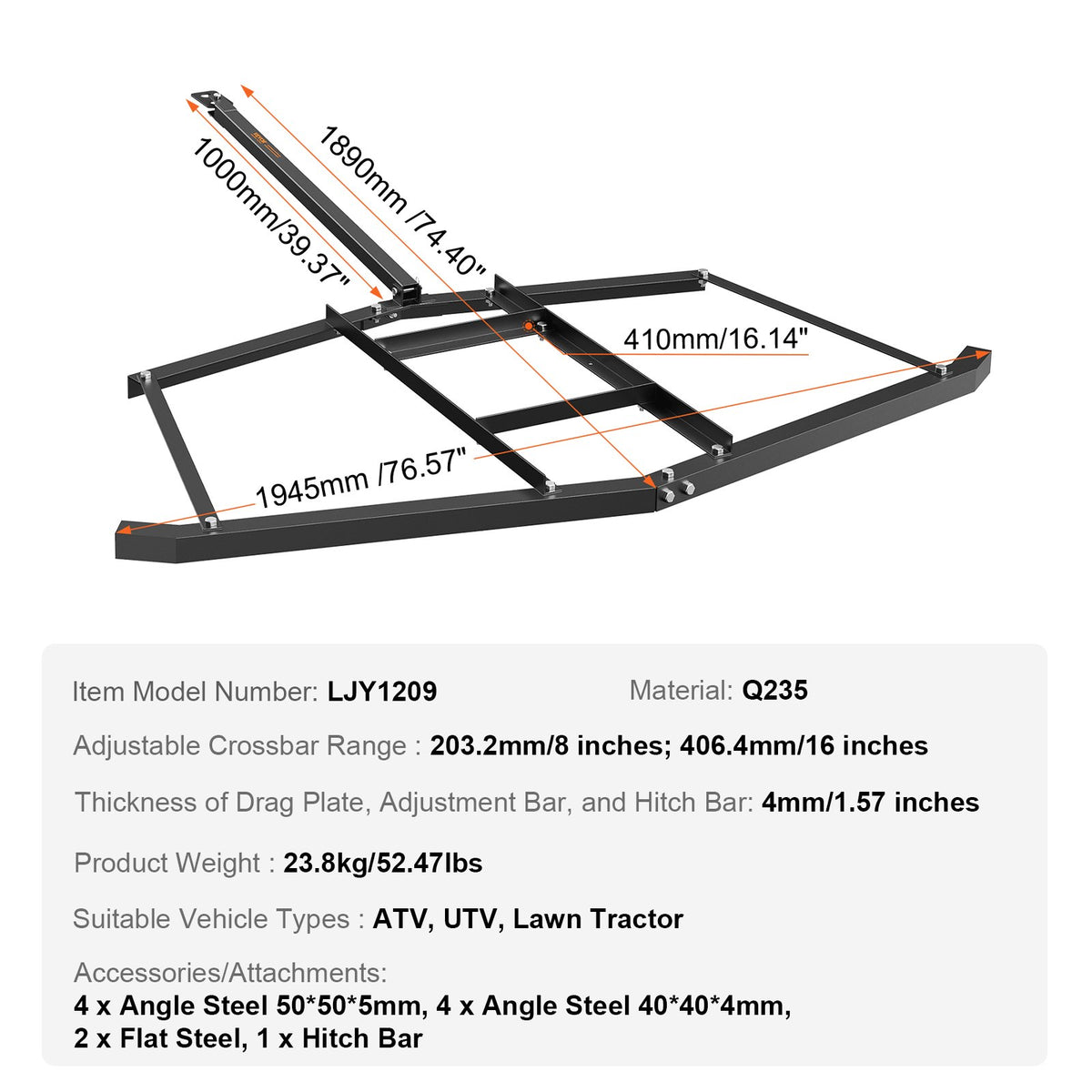 Driveway Drag, 76.57" Width Tow Behind Drag Harrow, Q235 Steel Driveway Grader with Adjustable Bars, Support V952-QYPQYP74INCH4BO1ZV0