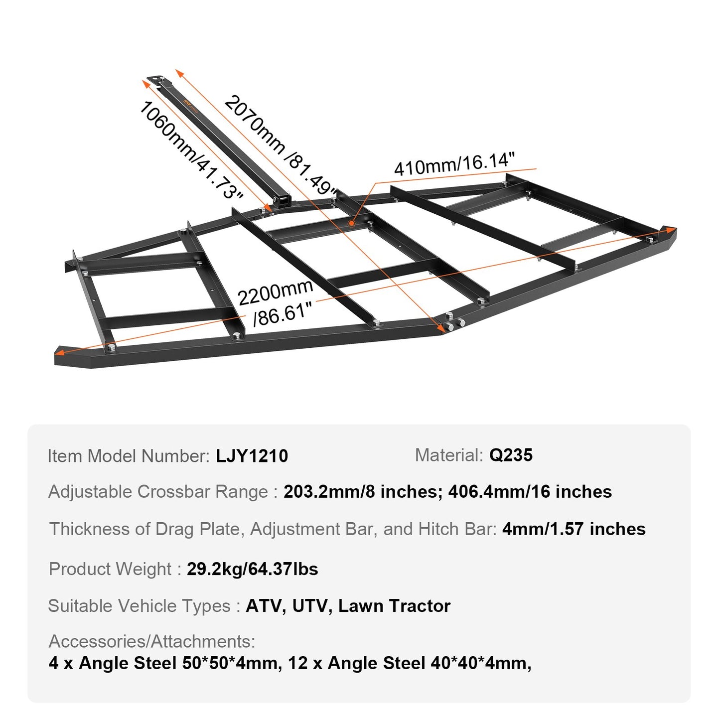 Driveway Drag, 84" Width Tow Behind Drag Harrow, Q235 Steel Driveway Grader with Adjustable Bars, Support up V952-QYPQYP84INCHPS1WAV0