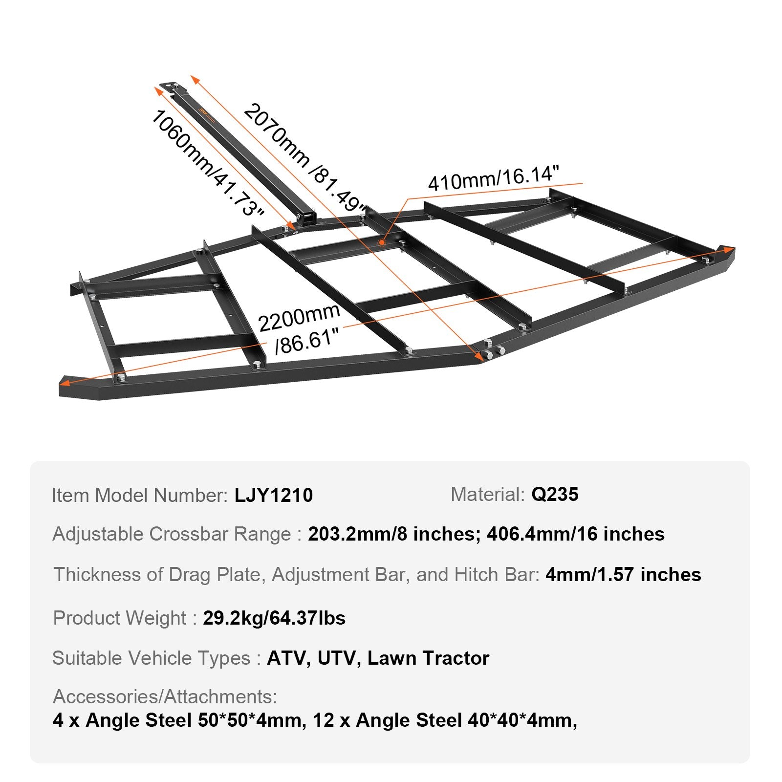 Driveway Drag, 84" Width Tow Behind Drag Harrow, Q235 Steel Driveway Grader with Adjustable Bars, Support up V952-QYPQYP84INCHPS1WAV0