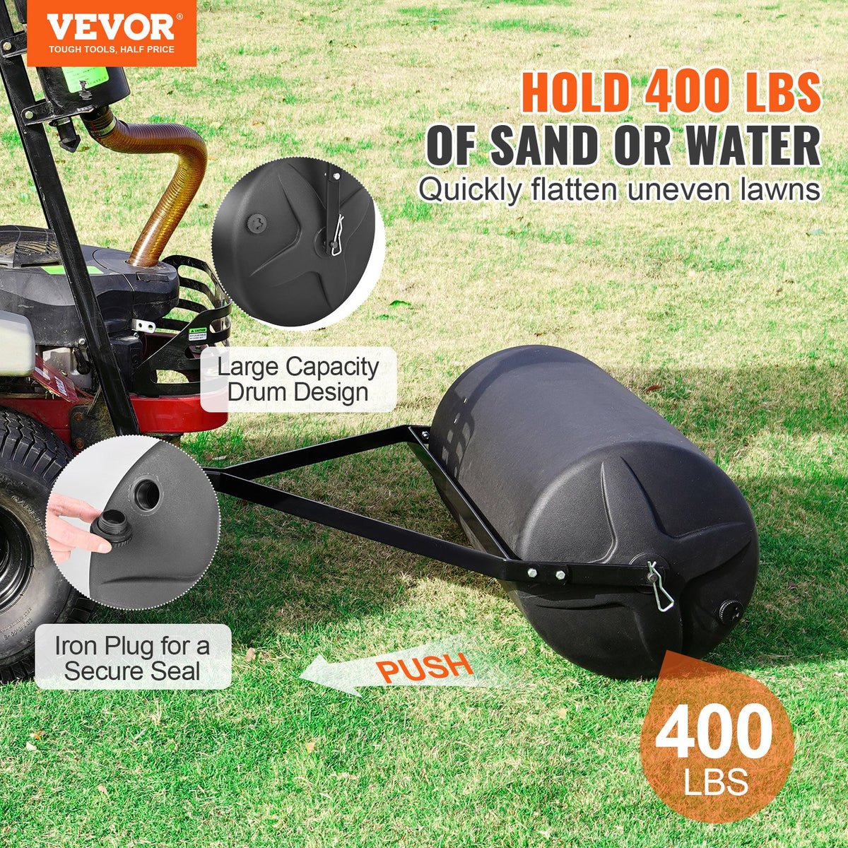 Tow Behind Lawn Roller, 400lbs Sand/Water Filled Yard Roller, LLDPE Drum and Steel Frame Sod Roller with V952-QYSCPGL400B353QE4V0