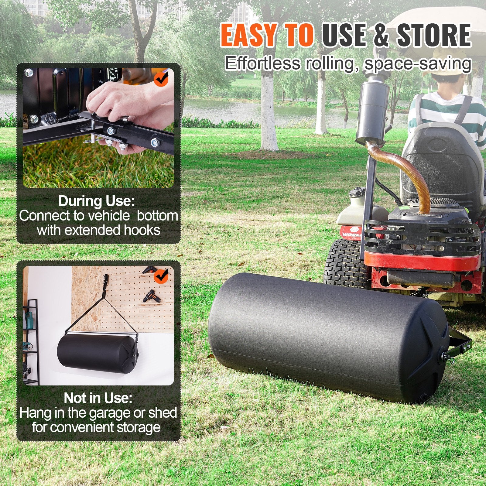 Tow Behind Lawn Roller, 400lbs Sand/Water Filled Yard Roller, LLDPE Drum and Steel Frame Sod Roller with V952-QYSCPGL400B353QE4V0