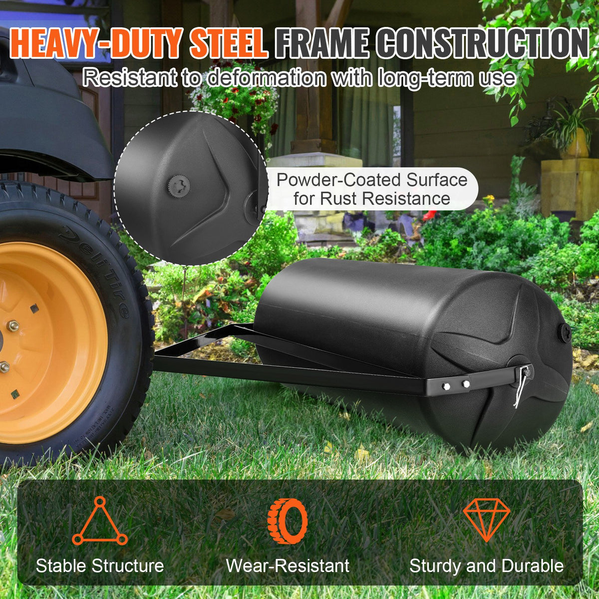 Tow Behind Lawn Roller, 400lbs Sand/Water Filled Yard Roller, LLDPE Drum and Steel Frame Sod Roller with V952-QYSCPGL400B353QE4V0