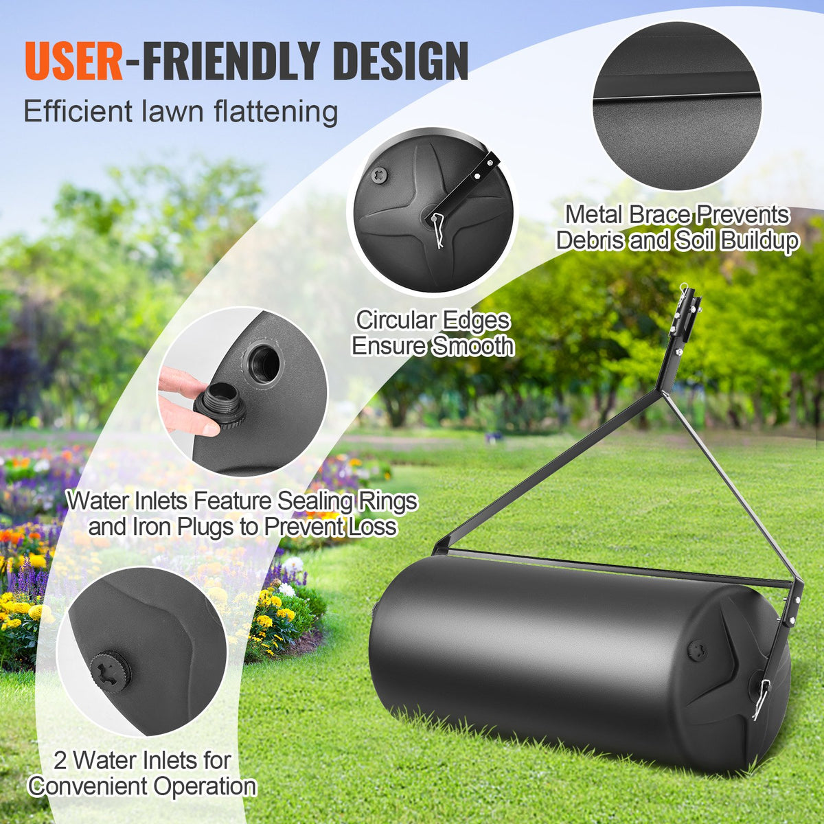 Tow Behind Lawn Roller, 400lbs Sand/Water Filled Yard Roller, LLDPE Drum and Steel Frame Sod Roller with V952-QYSCPGL400B353QE4V0