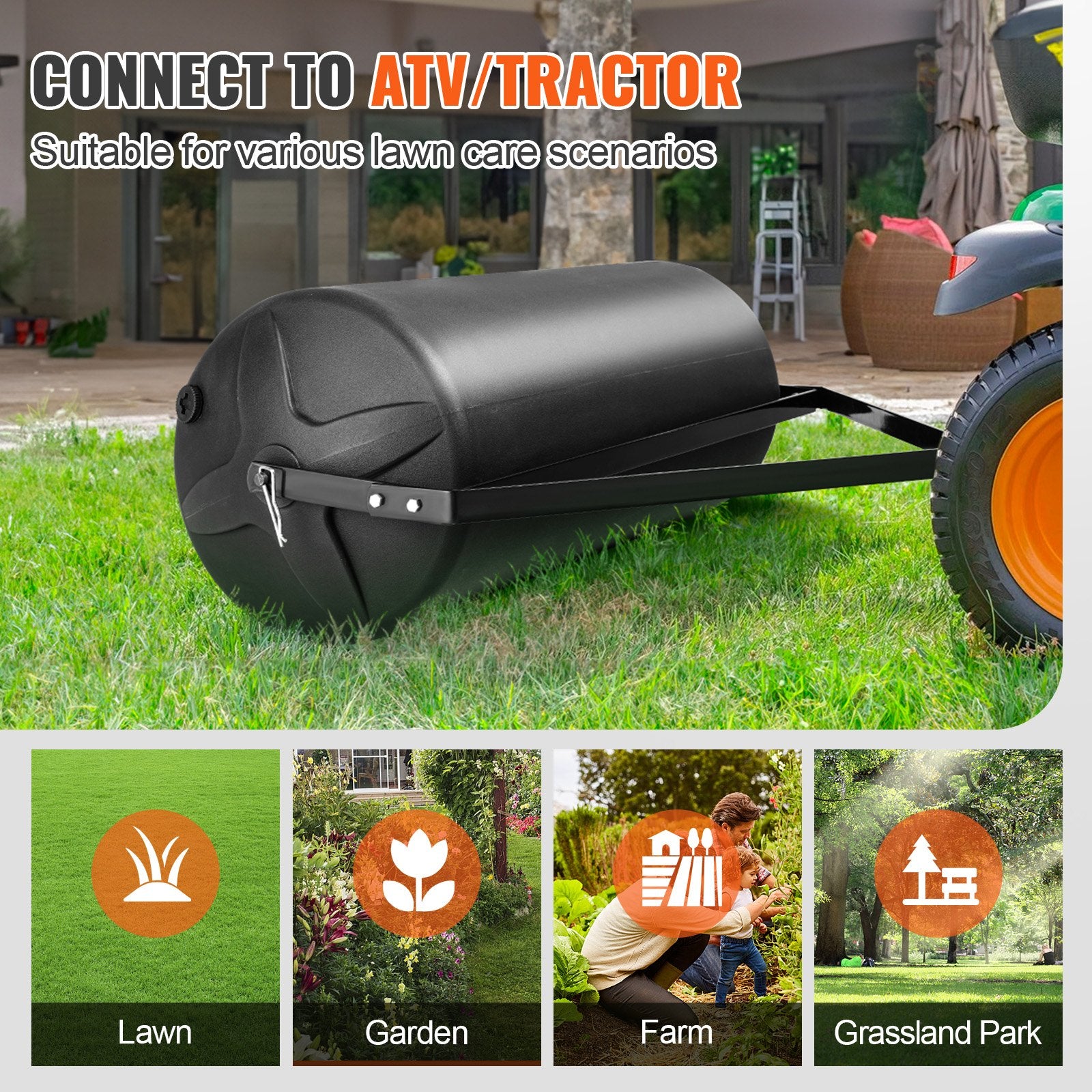Tow Behind Lawn Roller, 400lbs Sand/Water Filled Yard Roller, LLDPE Drum and Steel Frame Sod Roller with V952-QYSCPGL400B353QE4V0