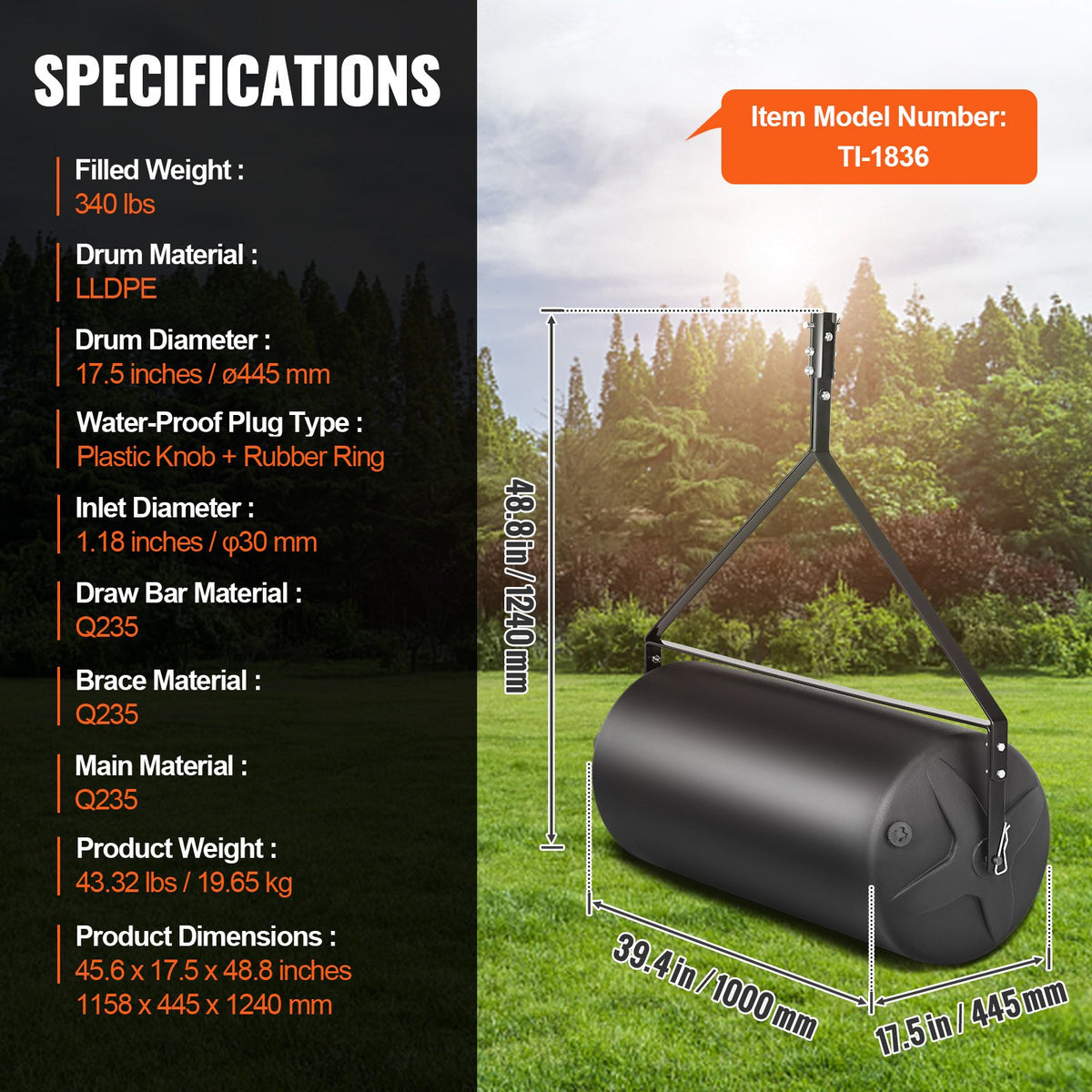 Tow Behind Lawn Roller, 400lbs Sand/Water Filled Yard Roller, LLDPE Drum and Steel Frame Sod Roller with V952-QYSCPGL400B353QE4V0