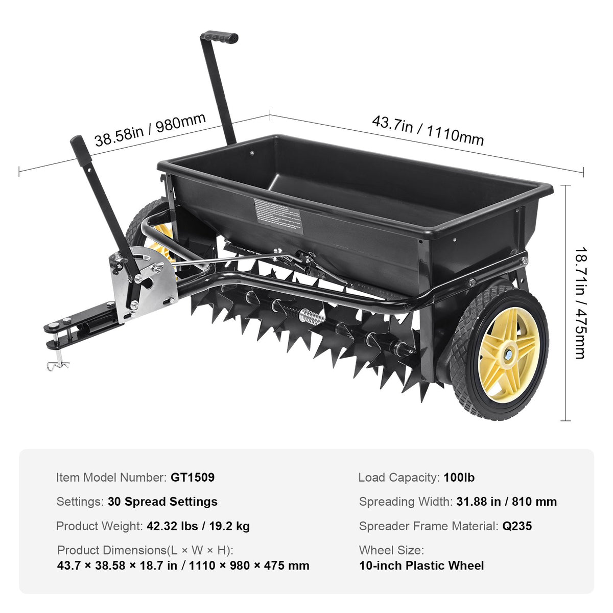 Broadcast Spreader, 100 LB Tow Behind Poly Drop Spreader with 10" Wheels, Steel Spike Aerator, Fertilizer V952-QYSSBJ100LBSBIQCOV0