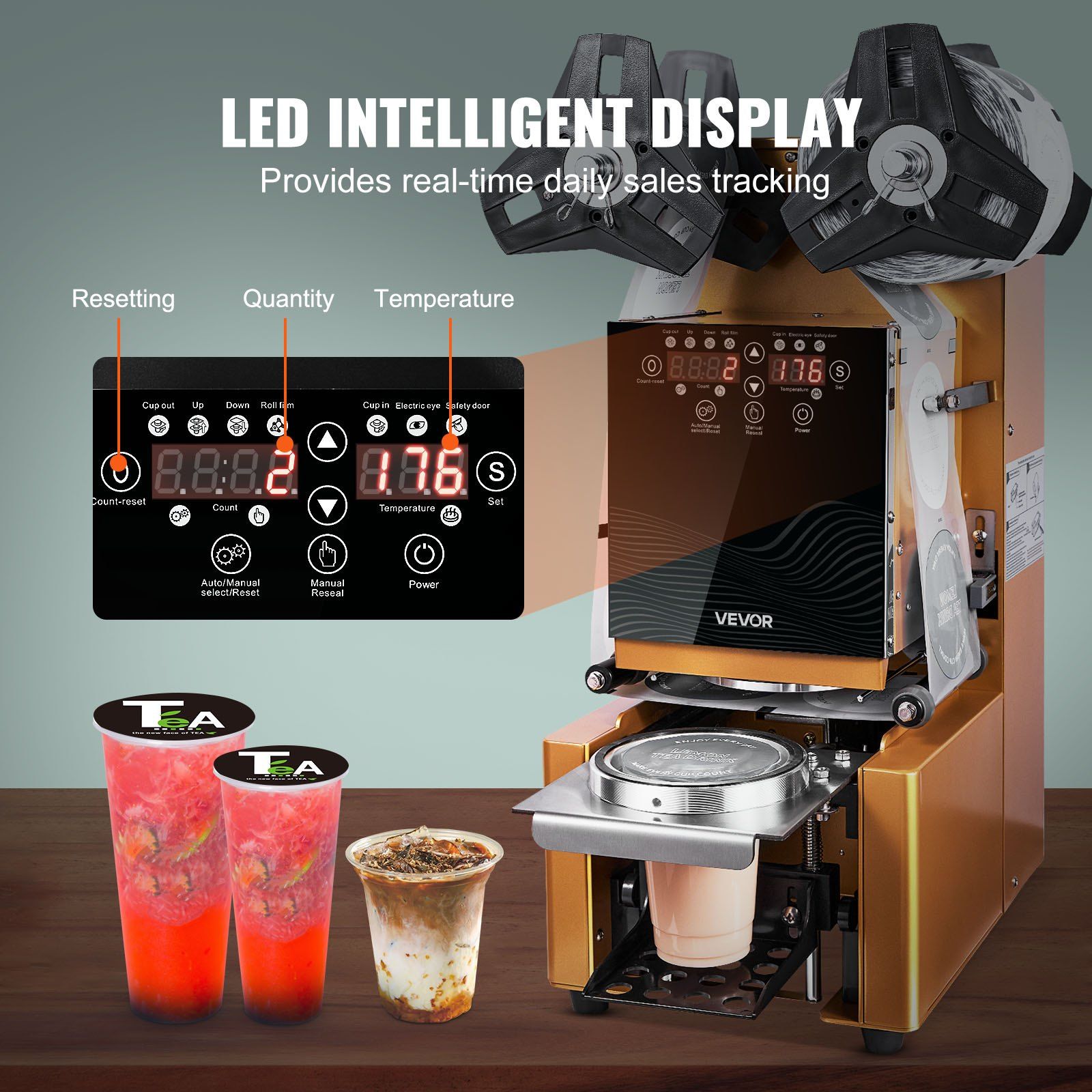 Fully Automatic Cup Sealing Machine, 500-650 Cups/H, Cup Sealer Machine for 190 mm Tall & 90/95 mm Cup, V952-QZDNCFKJJQZD03C9W001V3