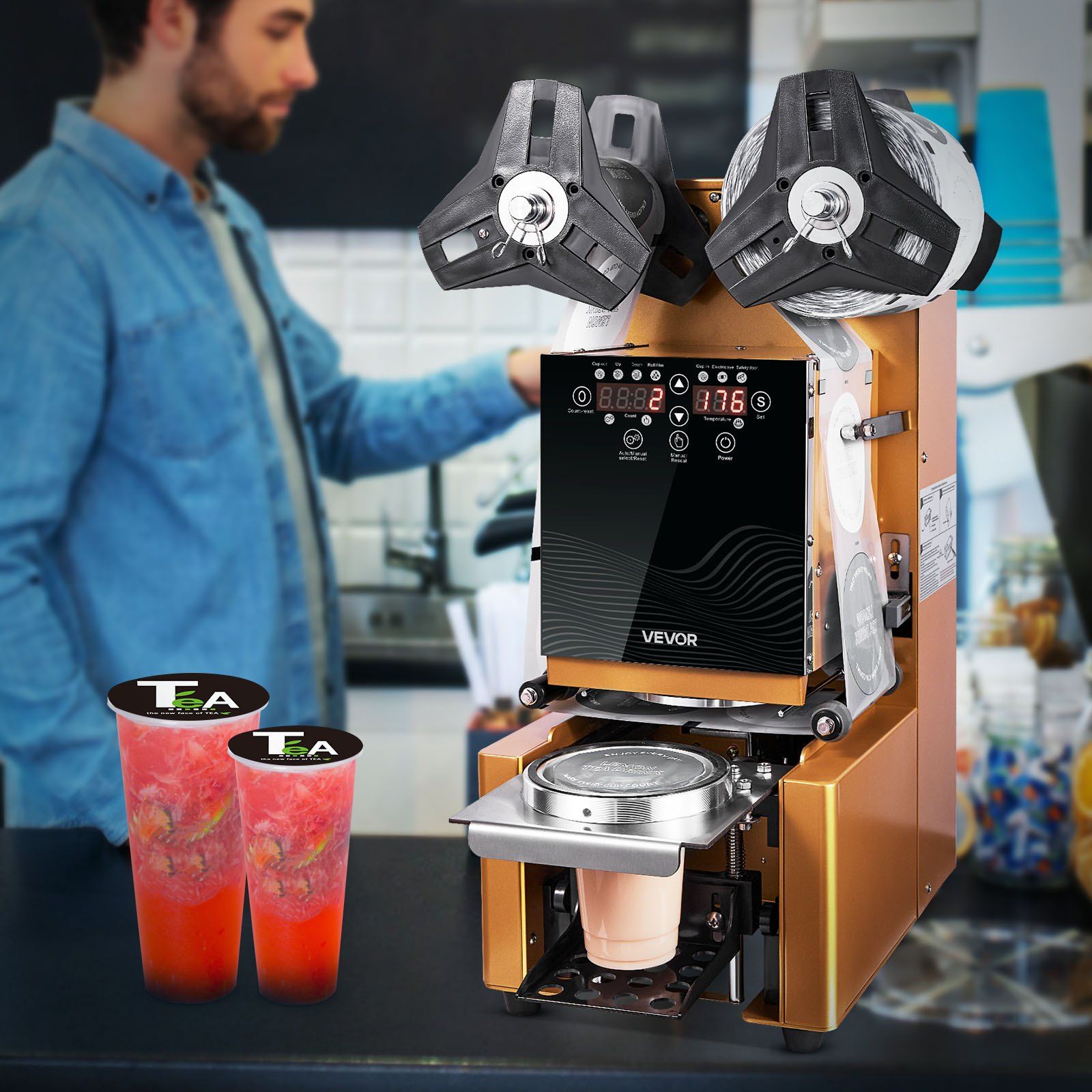 Fully Automatic Cup Sealing Machine, 500-650 Cups/H, Cup Sealer Machine for 190 mm Tall & 90/95 mm Cup, V952-QZDNCFKJJQZD03C9W001V3